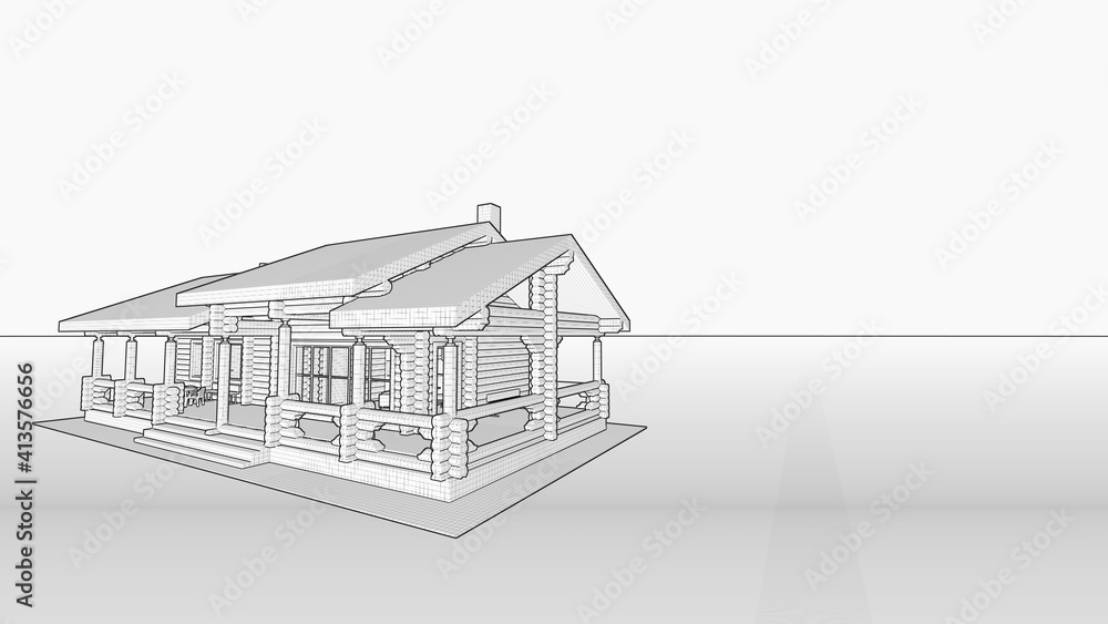 3d black-and-white sketch of a wooden project of a log bath house with a terrace, a recreation room, chimneys, wide windows from the floor, and a two-level roof. 3d black-and-white sketch of a wooden project of a log bath house with a terrace, a recreation room, chimneys, wide windows from the floor, and a two-level roof.