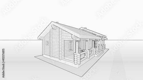 3d black-and-white sketch of a wooden project of a log bath house with a terrace, a recreation room, chimneys, wide windows from the floor, and a two-level roof.