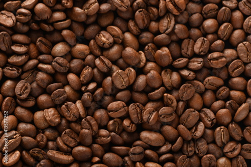 TOP VIEW: Close Up of Roasted coffee beans. 