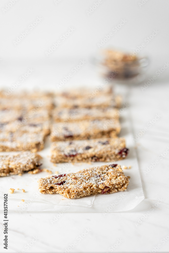 Vegan Energy Oat Bars With Coconut, Rice Puffs and Dried Cranberries Fruits, Flat Lay Vegan Energy Oat Bars With Coconut, Rice Puffs and Dried Cranberries Fruits, Flat Lay