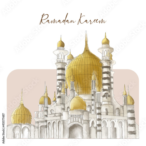 Ramadan kareem watercolor card design. Vector illustration of a digital handpainted mosque with Ramadan Kareem text on white background.