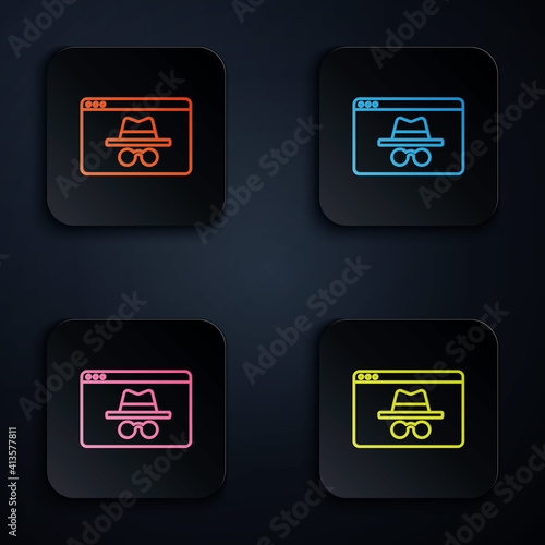 Color neon line Browser incognito window icon isolated on black background. Set icons in square buttons. Vector.