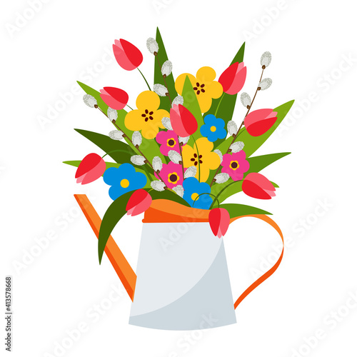 Colorful bouquet of spring flowers, tulips, pussy willow in pot. Vector illustration.