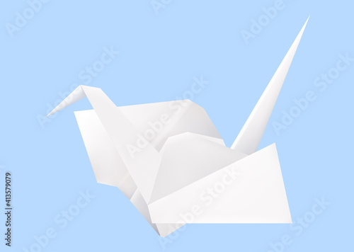 White origami paper crane on blue background. Vector realistic illustration of traditional japanese craft.