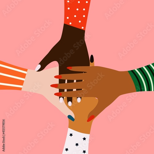 International Women's Day. Feminine concept. Women's hands of different ethnicities. EPS vector