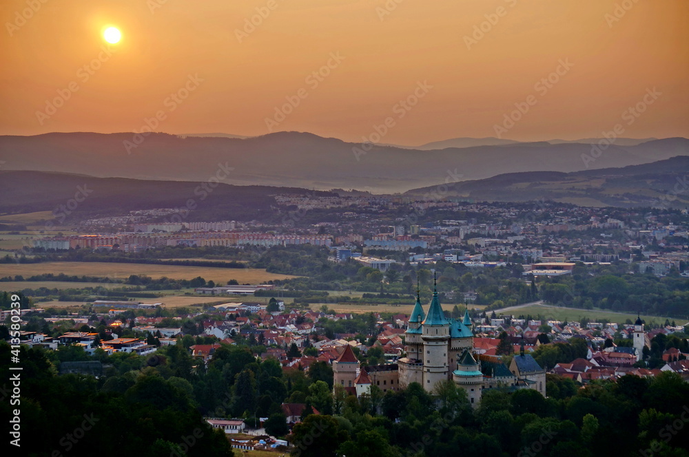 Beautiful aerial view on Bojnice castle and town of Bojnice in a soft light at sunrise