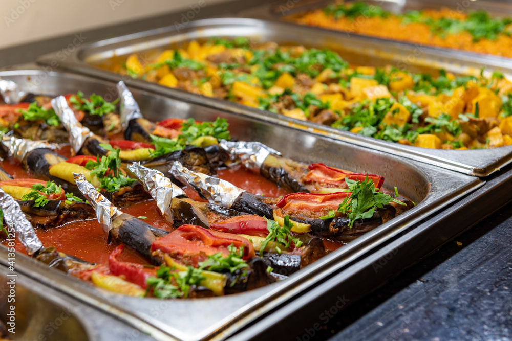 Vegetables on the open buffet. Salad bar. Vegetables on the open buffet. Salad bar.
