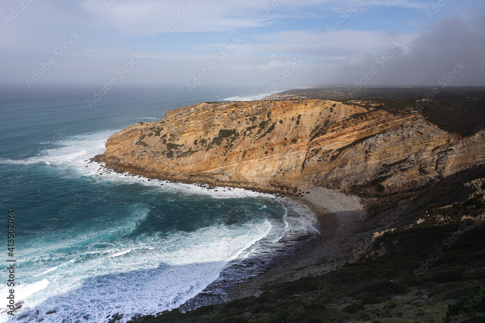 Fototapeta premium Nice view of the Atlantic Ocean coast with big waves. Surf spot