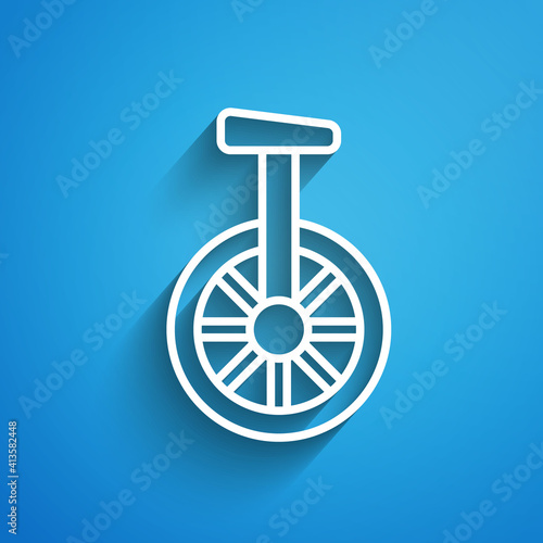 White line Unicycle or one wheel bicycle icon isolated on blue background. Monowheel bicycle. Long shadow. Vector.