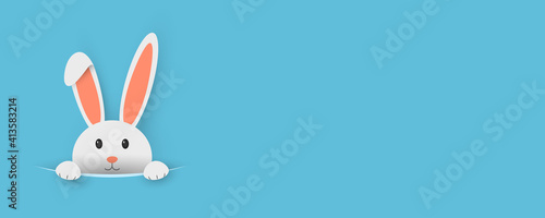 Cartoon cute bunny looking out of a cut hole. Easter template for your design. Vector illustration.