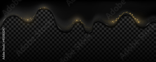 Realistic black oil with golden glitter halftone effect flows down on a transparent dark background. Dark liquid and sparkling dots. Trendy background for graphic design. Vector illustration.