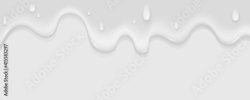 Realistic milk yogurt flows down on light background. White liquid with drops. Soft texture of a dairy product for your graphic design. Ice cream melts. Vector illustration.
