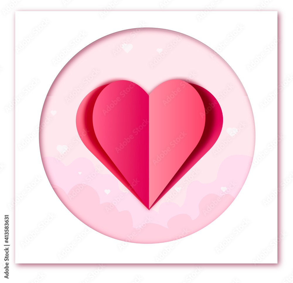 Valentines hearts on postcard. Paper flying elements on pink background. Symbols of love in shape of heart for Happy Women's, Mother's, Valentine's Day, birthday greeting card design
