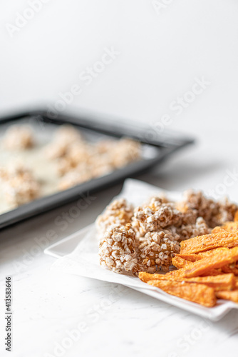 Rice Puffs Chicken Nuggets and Baked Sweet Potatoes, Flat Lay