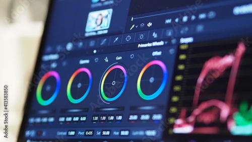Photos Color grading graph or RGB colour correction indicator on monitor in post production process