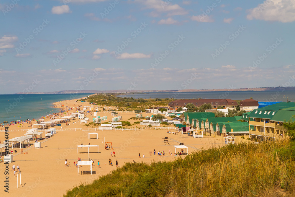 View of the beach on the Bugaz spit in Anapa in Russia. the beach is surrounded by the sea on both sides. View of the beach on the Bugaz spit in Anapa in Russia. the beach is surrounded by the sea on both sides.