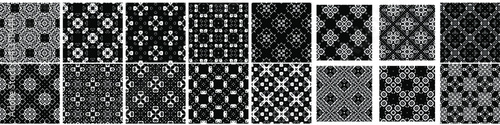 16 seamless abstract geometric patterns and designs in black and white color, monochrome. Endless texture can be used for Wallpaper, pattern fills the background of your web page, surface textures.