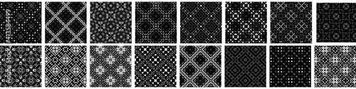 16 seamless abstract geometric patterns and designs in black and white color, monochrome. Endless texture can be used for Wallpaper, pattern fills the background of your web page, surface textures.