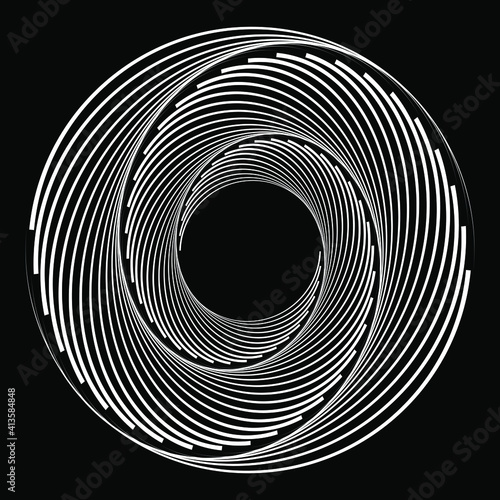 Abstract white rotated shape. Vector illustration. Design element for technology round logo, striped border frame, blackout tattoo, prints, monochrome pattern and abstract background