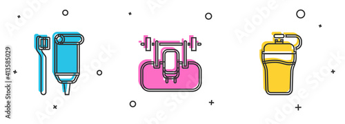 Set Toothbrush and toothpaste, Bench with barbel and Fitness shaker icon. Vector.