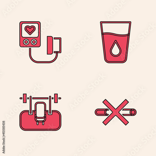 Set No Smoking, Blood pressure, Glass with water and Bench barbel icon. Vector.