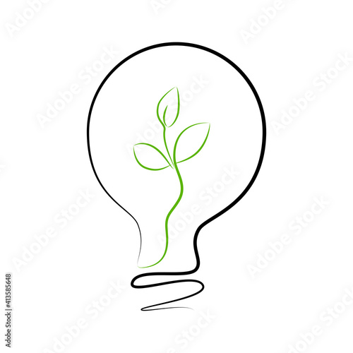  Light bulb and green sprout illustration in one line art, logo of ecology. Single line art. One line drawing