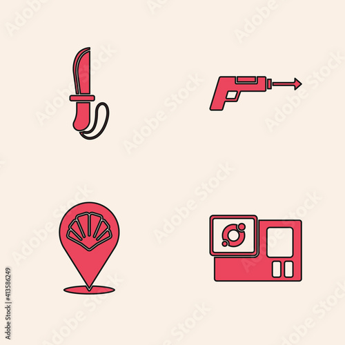 Set Action camera, Knife, Fishing harpoon and Scallop sea shell icon. Vector.