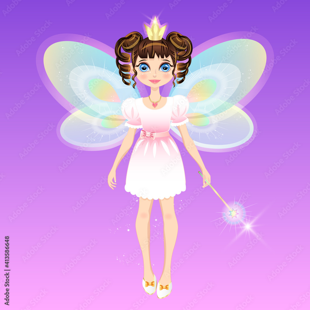 Girl wearing a princess crown with wings and a magic wand. Fairy fairy, little sorceress. Image as a design element isolated from the background. Girl wearing a princess crown with wings and a magic wand. Fairy fairy, little sorceress. Image as a design element isolated from the background.