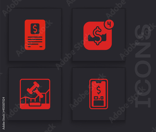 Set Mobile with dollar, Business finance report, stock trading and Online internet auction icon. Vector.