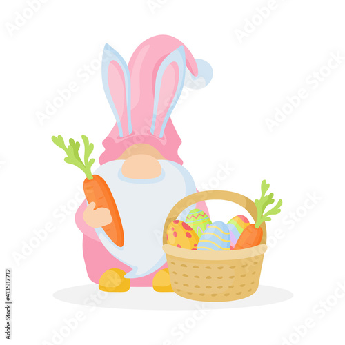 Cute Easter gnome with basket and carrot. Colorful funny Easter dwarf with rabbit ears.. 
