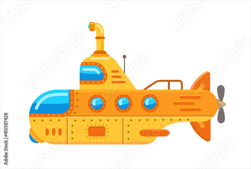 Yellow submarine with a periscope. Flat vector illustration isolated on white background