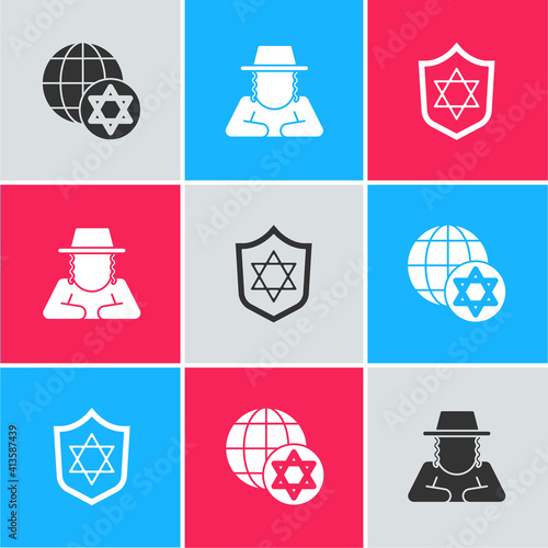 Set World Globe and Israel, Orthodox jewish hat and Shield with Star of David icon. Vector.
