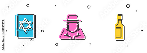 Set Jewish torah book, Orthodox jewish hat and wine bottle icon. Vector.