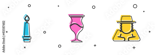 Set Burning candle, Jewish goblet and Orthodox jewish hat icon. Vector.