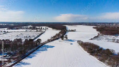 A birds eye view of the snow covered landscape in a rural part of Suffolk, UK © Rob