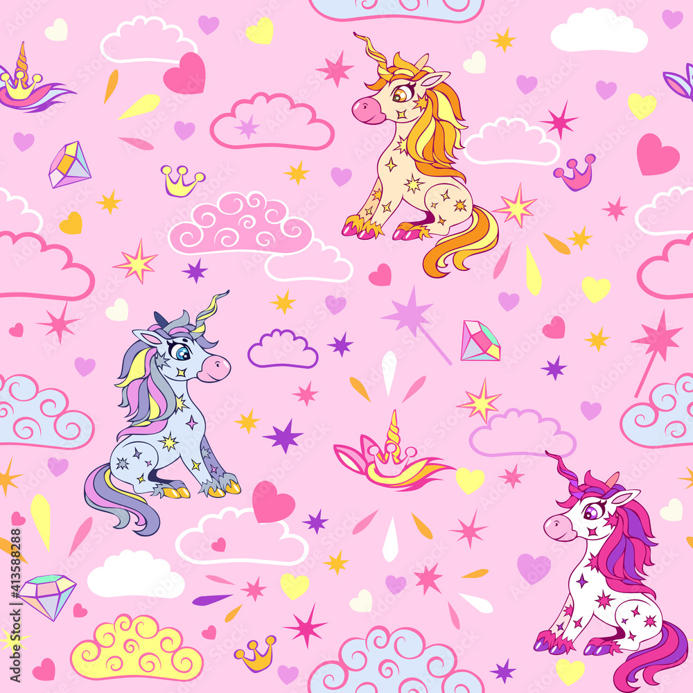 Seamless pattern with cute magical unicorns in the sky with colorful clouds, moon and stars.