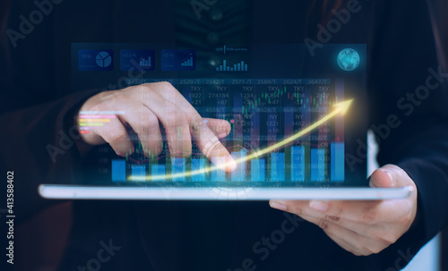 Businessman investment consultant analyzing company financial report balance statement working with digital augmented reality graphics. Concept for business, economy and marketing. 3D illustration.