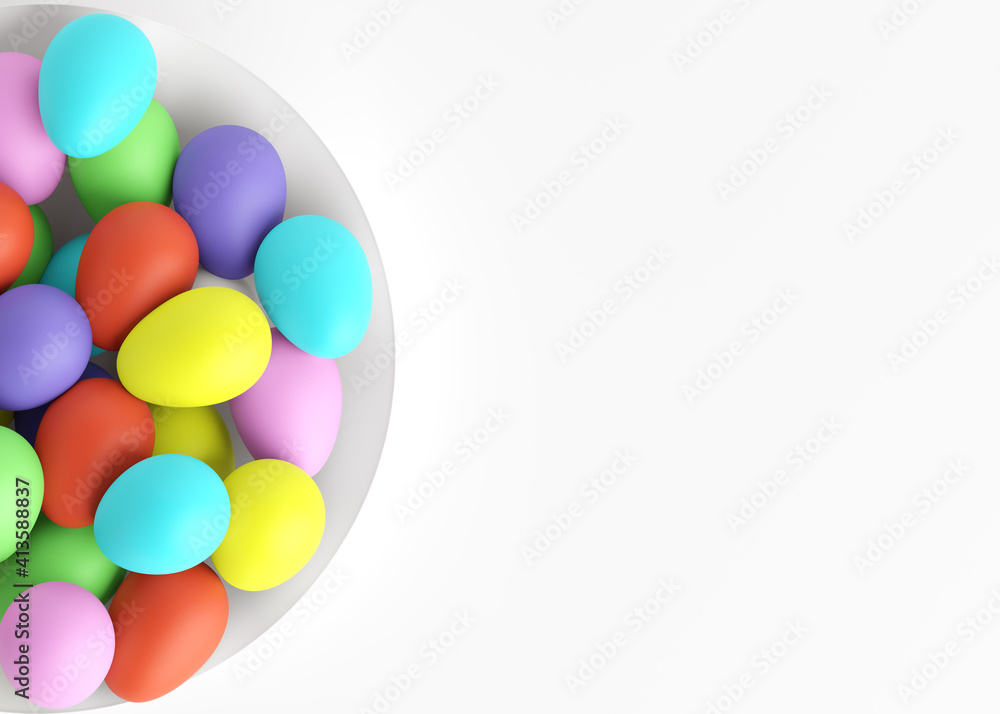 Multicolored eggs on a white plate located on the left side. Easter holiday. 3D rendering and 3D illustration. Multicolored eggs on a white plate located on the left side. Easter holiday. 3D rendering and 3D illustration.