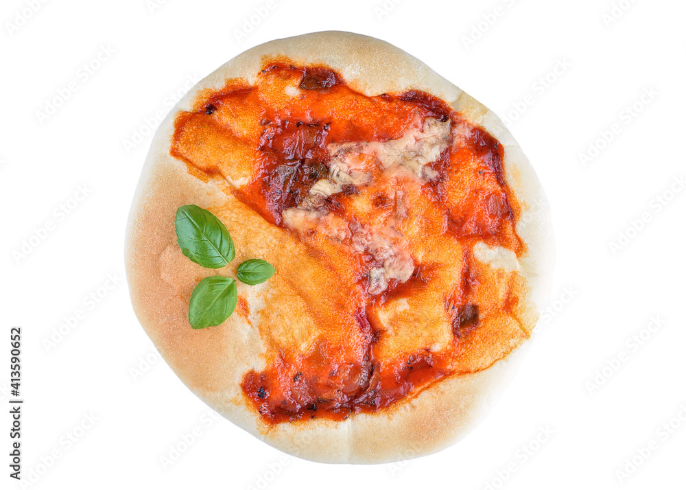 Mini pizza with basil isolated on white background