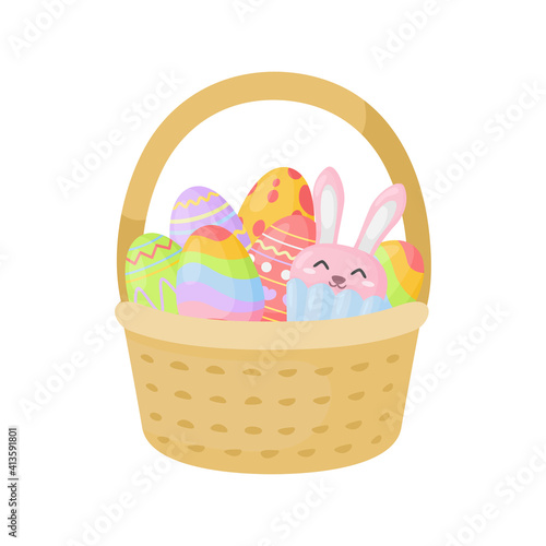 Easter basket with eggs. Illustration of basket with different colorful eggs isolated on white.