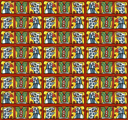 South American colorful national style ethnic seamless pattern of Maya or Aztec art, colorful eagles, leopard, cactus motifs, for custom design, background, textile