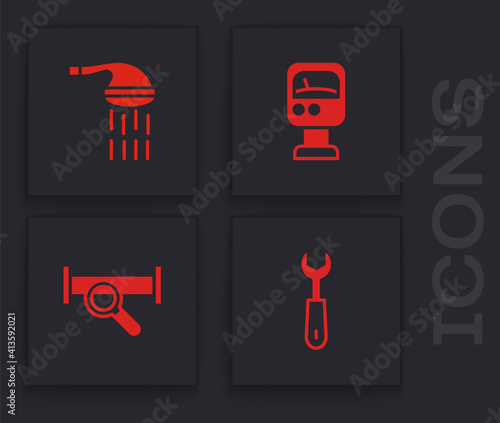 Set Wrench spanner, Shower, Pressure water meter and Industry metallic pipe icon. Vector.