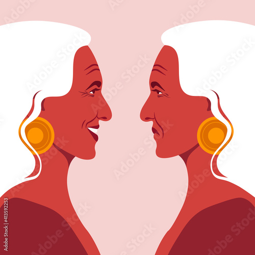 Bipolar disorder. Portrait of an elderly woman in profile. Depression and Happiness. Two female faces on the side. Vector illustration in flat style