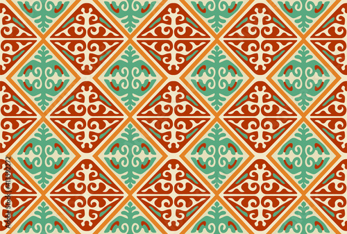 Seamless Kazakh or Kyrgiz tribal national Middle Asian ethnic colorful red, green, orange ornament for custom design, background, textile
