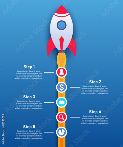 Infographics. The rocket flies upward. The trail from the rocket turbines on which the icons with the text are located. Can be used for presentation or websites. Peak and lowest rates. Data and steps.
