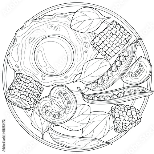 Breakfast. Egg with corn, peas and tomato.Coloring book antistress for children and adults. Zen-tangle style.Black and white drawing.Hand draw
