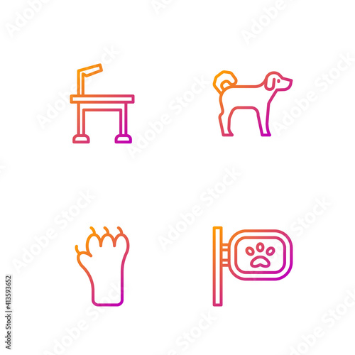 Set line Pet grooming, Paw print, table and Dog. Gradient color icons. Vector.