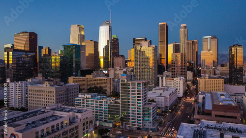 Beautiful view of a downtown LA Los Angeles buildings at sunset dusk