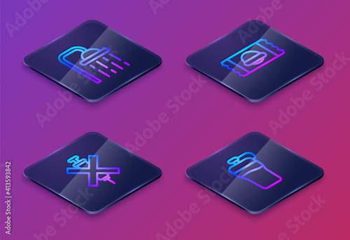 Set Isometric line Shower head, No doping syringe, Sports nutrition and Fitness shaker. Blue square button. Vector.