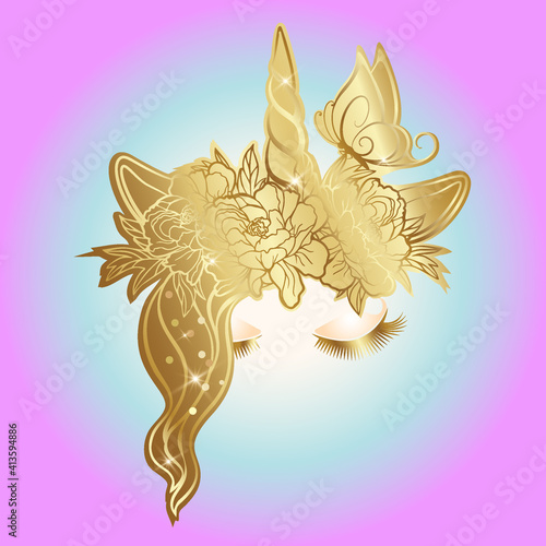 Vector unicorn face with closed eyes, butterfly and wreath of flowers. The image is isolated from the background.